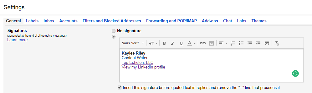 LinkedIn email signature text hyperlink