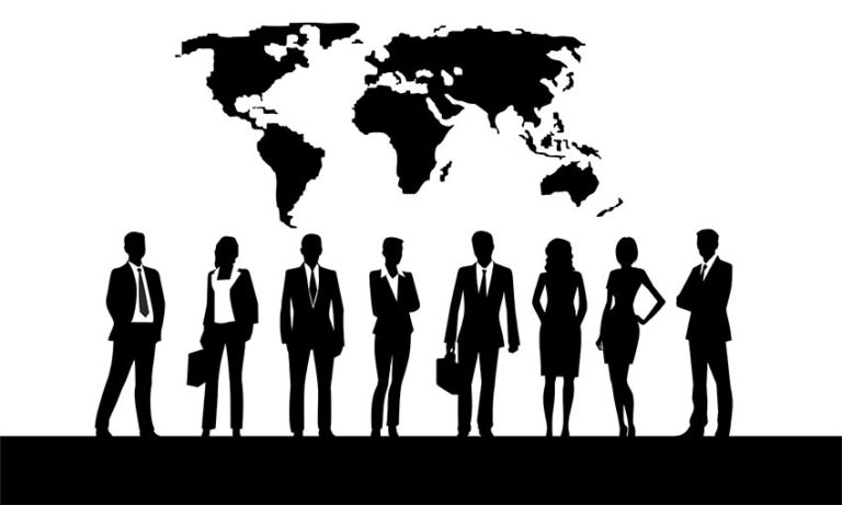 black and white business people and map